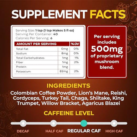 WIXAR NATURALS - Café de Cogumelo Wixar – Pó Instantâneo de Café com Extrato de Dez Tesouros de Cogumelos com Leão da Montanha, Cauda de Peru, Reishi, Chaga, Shiitake, Maitake, Cordyceps – 140g