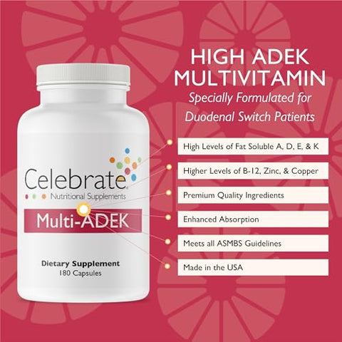 Celebrate Bariatric Supplements - Celebrate Vitamins Multi ADEK – Multivitamínico Diário para Bariátricos, Alto Nível de Vitaminas A, D, E, K, Sem Ferro