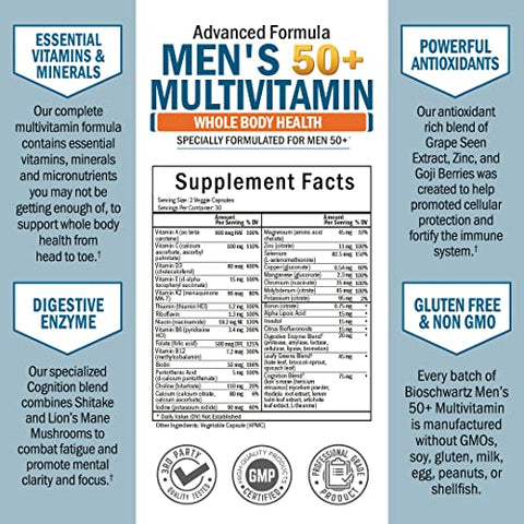 BioSchwartz - Multivitamínico Diário para Homens 50+ – Suporte à Saúde Cardíaca – com Zinco, Vitaminas A, B, C, D3, E – para Memória