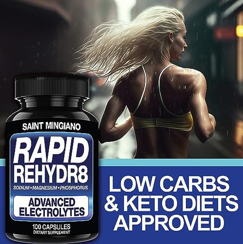 Saint Mingiano - Suplemento Eletrolítico Rapid Rehydr8 100 Cápsulas – Auxilia na Prevenção de Cãibras e Apoia a Resistência Muscular e Recuperação – 100 Cápsulas Fáceis de Engolir