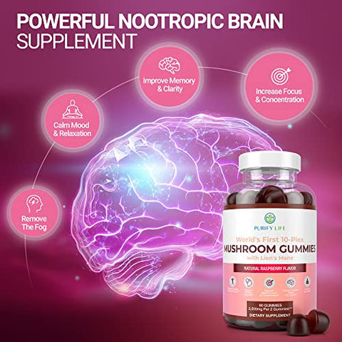 Purify Life - Complexo de Cogumelos em Gomas – 10x Suplemento de Cogumelos com Leão Mane (90 Gomas 2500mg/porção) Suplemento Cerebral Nootrópico, Suporte Imunológico