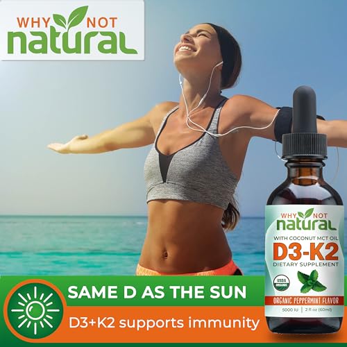 Why Not Natural - Vitamina D3 K2 (MK-7) Líquida, 5000 UI de D3 sublingual com Óleo de Coco MCT, para ossos e dentes fortes, suporte ao coração e imunidade