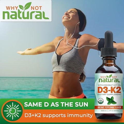 Why Not Natural - Vitamina D3 K2 (MK-7) Líquida, 5000 UI de D3 sublingual com Óleo de Coco MCT, para ossos e dentes fortes, suporte ao coração e imunidade