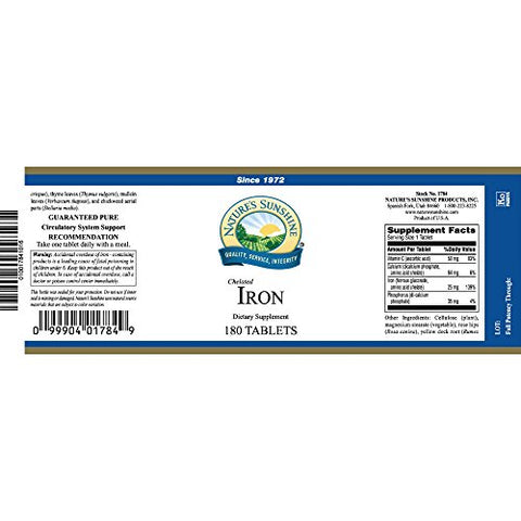 Nature's Sunshine - Nature’s Sunshine Ferro Quelado 25mg, 180 Comprimidos | Suporte ao Sistema Circulatório, Ajuda no Transporte de Oxigênio para os Tecidos, 25 mg de Ferro por Comprimido