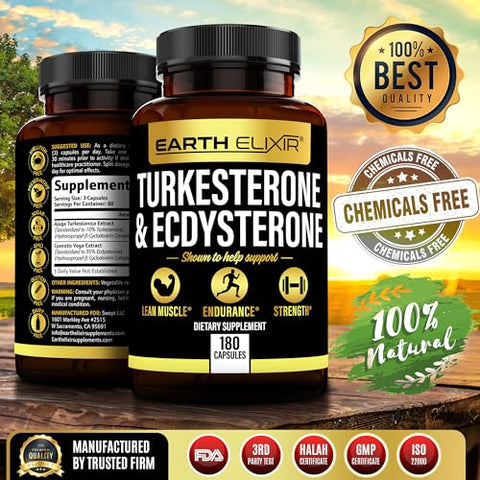 Earth Elixir - Turkesterone 1000mg e Ecdysterone 1000mg (180 Cápsulas) – 2 Meses de Fornecimento – Testado por Terceiros – Suplemento Turkesterone para Homens (Ajuga Turkestanica) com 95% Beta – Marca Turkesterone
