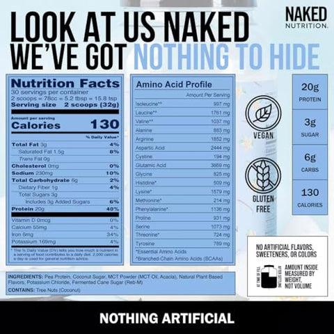 Naked Nutrition - Naked Shake – Pó de Proteína de Baunilha – Shake de Proteína à Base de Plantas com Óleo de MCT, Sem Glúten, Sem Soja, Sem OGMs ou Adoçantes Artificiais – 30 Porções