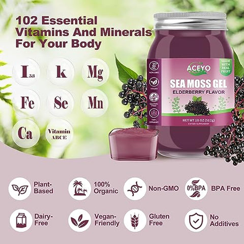 18 OZ) Gel de Musgo do Mar de Sabugueiro Irlandês Orgânico Cru Vegano Sabor 102 Vitaminas e Minerais Colhido na Natureza Reforço Imunológico para a Tireoide e Suporte Digestivo - ACEYO