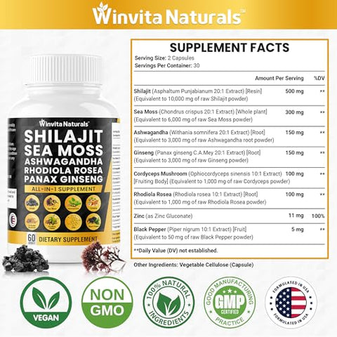 Winvita Naturals - Shilajit Puro Himalaia Orgânico 10.000mg Sea Moss 6000mg Ashwagandha 3000mg Panax Ginseng 3000mg Cordyceps Rhodiola Rosea 1000mg Zinco, Ácido Fúlvico