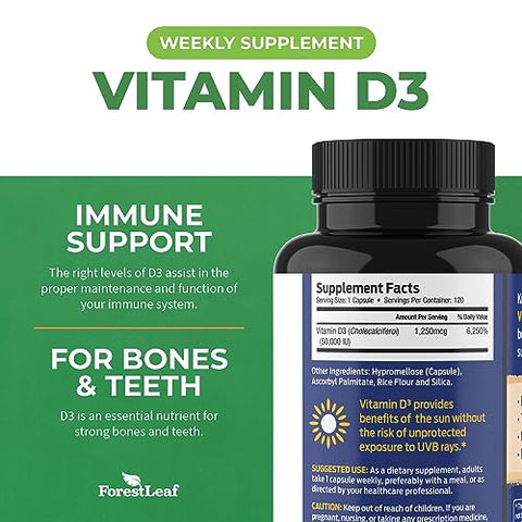 Vitamina D3 50000 UI – Saúde óssea e suporte imunológico – Cápsulas pequenas fáceis de engolir – Sem OGM, sem glúten – VIT D – Suplemento de vitamina D3 para mulheres e homens - ForestLeaf
