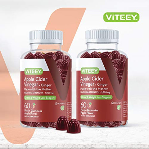 Viteey - Gummies de Vinagre de Maçã 1.000mg com Gengibre – Detox para Emagrecimento e Suporte Imunológico – Vegano, Sem Glúten, Sem Gelatina, Sem GMO – Mastigável