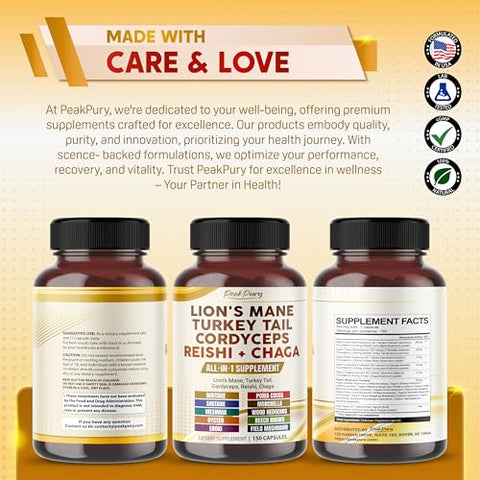 PEAKPURY - Lion’s Mane 6000mg Turkey Tail 6000mg Cordyceps 3000mg Reishi 3000mg Chaga 3000mg – Suporte Geral ao Bem-Estar – Fabricado nos EUA