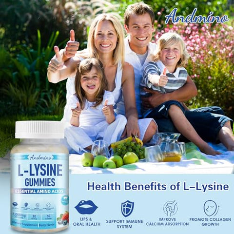 andmino - L-Lysine Gummies 1000 mg com Trehalose – Gomas de L Lisina para os Lábios | Marca: L-Lysine Gummies