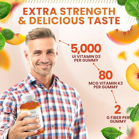Natural BioScience - Gomas de Vitamina D3 K2 sem Açúcar – Gomas de Vitamina D3 5000 UI K2 MK7 80 mcg, Suplemento de Vitamina D K2 para Adultos, para Ossos, Imunidade, Coração, Humor, Sem Glúten, Não-OGM
