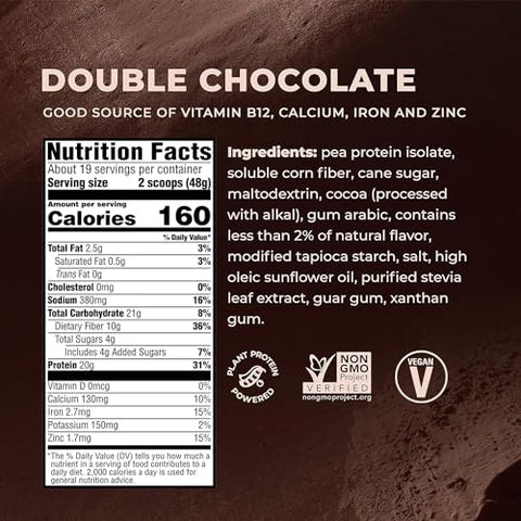 Proteína em Pó à Base de Plantas, Sabor Chocolate Duplo, 20g de Proteína Vegana, Sem Laticínios, Sem Sabores Artificiais, Não-OGM, 3g de Fibra, Exclusivo da Amazon, 2 Libras (Embalagem Pode Variar) - Evolve