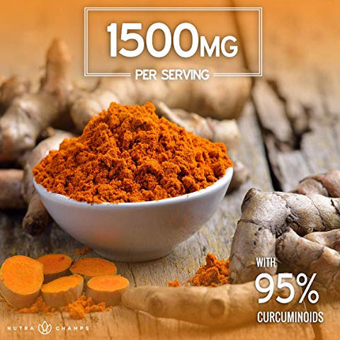 NutraChamps - Curcumina de Cúrcuma com Extrato de Pimenta Preta 1500mg | 95%% Curcuminoides Suplemento Extra Forte para Saúde das Articulações, Cérebro, Coração | 1500mg | Saúde Articular, Cérebro, Coração