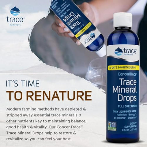 ConcenTrace Drops | Minerais Essenciais | Magnésio Líquido Iônico, Cloreto, Potássio | Baixo teor de Sódio | Energia, Eletrólitos, Hidratação | Fornecimento de 96 dias, 8 fl oz (236 ml) - Trace Minerals