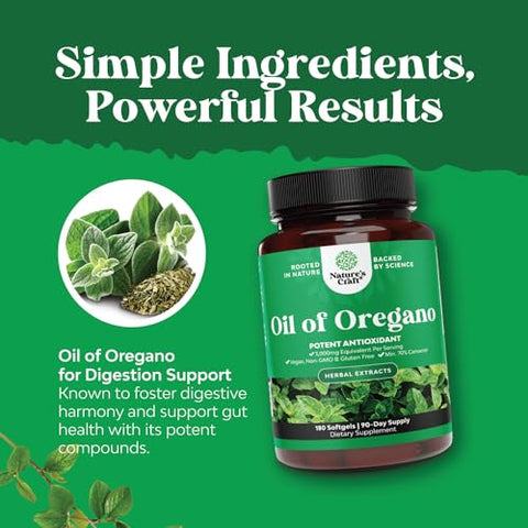 Natures Craft - Óleo de Orégano Selvagem Vegano em Cápsulas – Óleo de Orégano Super Concentrado em Cápsulas com Equivalente Herbal de 3000mg e Mínimo de 70% de Carvacrol para Desintoxicação Intestinal, Cardíaca e Suporte Imunológico – Vegano