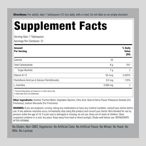 L-Carnitine Líquido | 3000mg | Sabor de Frutas Vermelhas | Fórmula Avançada para Atletas | Série Refuel | Não GMO, Sem Glúten | 30ml - Piping Rock