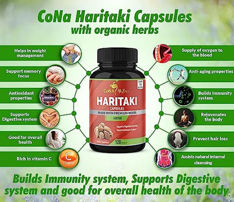 Cona Nature - Cápsulas de Haritaki Orgânica India 2250MG, Rejuvenescimento, Melhora da Digestão, Regularidade | Ervas e Suplementos Veganos Sem OGM e Sem Glúten, 120 Caps