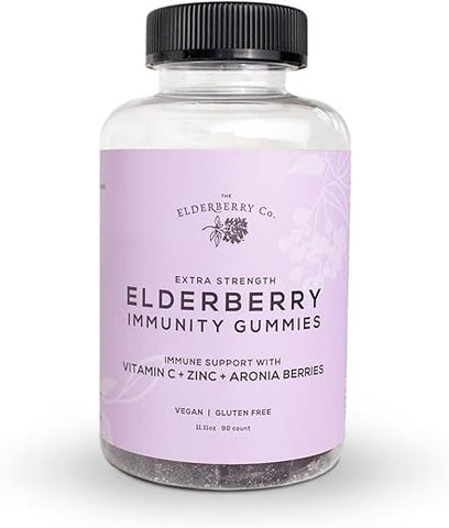 The Elderberry Co. - Gomas de Sabugueiro Extra Forte com Vitaminas C, D, E e Zinco para Suporte Imunológico Natural – 90 Unidades