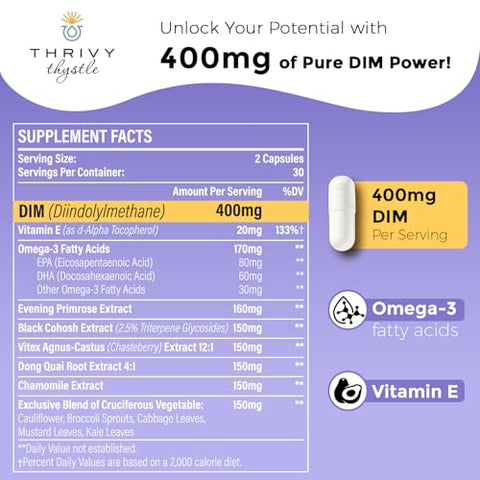 ThrivyThystle - Liposomal DIM 400 mg – Vitamina E e Prímula – Complexo DIM para Mulheres Vegetarianas (1 Pacote)