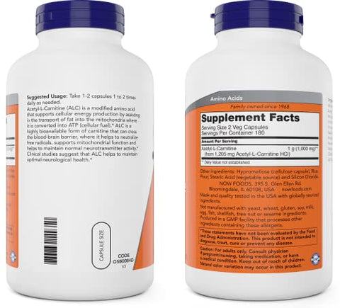 Acetyl L Carnitine 500mg – 360 Cápsulas Vegetais – Não-OGM ACL 500 mg Caps - NOW Foods