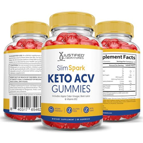 Justified Laboratories - (2 Pacotes) Gomas Slim Spark Keto ACV Fórmula Avançada 1000MG Slimspark Keto Gomas Vinagre de Maçã Aumento Formulado com Romã Suco de Beterraba em Pó B12 Vegano Não GMO 120