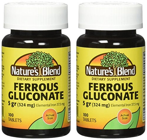 Wuiil - Nature’s Blend – Comprimidos de Gluconato Ferroso 324 mg, 100 Unidades (Pacote com 2) – Comprimidos de Ferro 324 mg – Embalagem Dupla