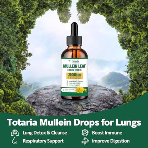 Totaria - Gotas de Mullein para os Pulmões – Taxa de Absorção de 98% – 20000mg de Folha de Mullein Pura por Porção – Mullein Orgânico para Desintoxicação Pulmonar