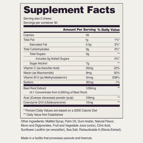 Chews de Beterraba em Pó Orgânico e COQ10, Estimulante de Óxido Nítrico, Energia Natural, Suporte à Circulação Sanguínea Saudável, Sem Açúcar, 60g - Snap Supplements