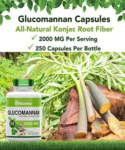 tnvitamins - Glucomannan Capsules 2000 MG – 250 Unidades | Extrato Natural de Raiz de Konjac em Pó | Fibra Solúvel | Suplemento de Fibra Alimentar