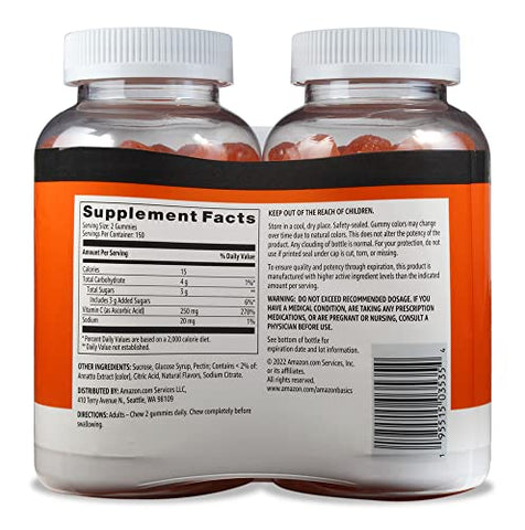 Gomas de Vitamina C 250 mg, Laranja, 300 Unidades (2 Pacotes de 150), 2 por Porção (Anteriormente Solimo) - Amazon Basics
