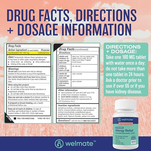 Alívio de Alergia | Fexofenadina HCl 180 mg | Antialérgico Não Sonolento | 200 Comprimidos – Marca WELMATE - WELMATE