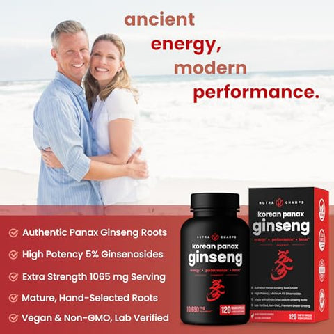 Cápsulas de Ginseng Vermelho Coreano NutraChamps | Ginsenosídeos Extra Fortes para Energia, Foco, Desempenho e Vitalidade