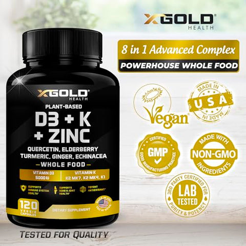 X Gold Health - Vitamina D, K2, K1, Zinco, Quercetina, Sabugueiro, Cúrcuma, Gengibre  – Fórmula Potente para Saúde