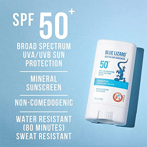 Protetor Solar BLUE LIZARD Sensitive Stick Mineral com Óxido de Zinco, FPS 50, Resistente à Água, Proteção UVA UVB, Fácil de Aplicar, Sem Fragrância, 15g (Pacote com 2)