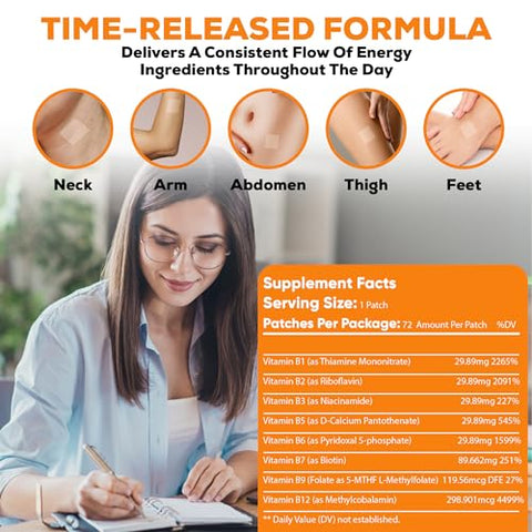 Hydralit - Patches de Energia para Adultos Homens Mulheres Bem-Estar Diário Tópico Desperto B12 Ingredientes Naturais Sustentados Fórmula de Liberação Prolongada Pele Duradoura Prático para Viagens 72 Unidades