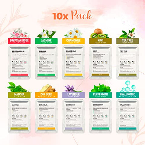 Conjunto Spa Máscara de Borracha Hidratante BRÜUN Peel-Off Jelly Mask – 10 Tratamentos (Ouro 24k, Lavanda, Kiwi, Hortelã-pimenta, Rosa Egípcia, Matcha, Camomila, Árvore de Chá, Jasmim)