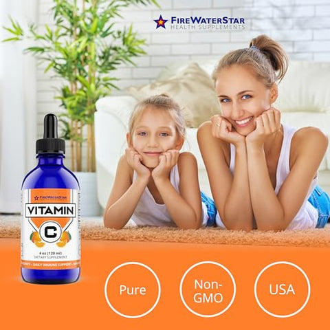 FIREWATERSTAR HEALTH SUPPLEMENTS - FWS Liquid Vitamin C – Suplemento de Vitamina C Líquida Bioativa para Adultos e Crianças – Orgânico, Vegano, Ácido Ascórbico Puro – Saúde da Pele, Suporte Imunológico e Antioxidantes