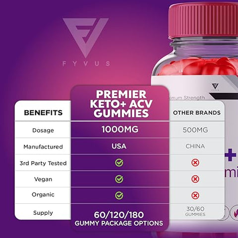 Fyvus - (2 Pacotes) Gomas Premier Keto ACV para Perda de Peso Avançada, Gomas Premier Keto, Premier ACV Keto Plus Suplemento de Vinagre de Maçã com Vitamina B12, Folate, Beterraba (120 Gomas)