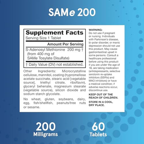 SAMe 200 mg: Suporte para Articulações, Função Hepática e Metabolismo Cerebral – 60 Comprimidos (Até 60 Dias de Suprimento) - Jarrow Formulas