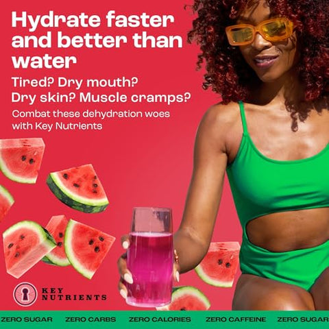 Pacotes de Pó de Eletrólitos de Melancia Refrescante 40 Pacotes de Hidratação – Pó de Hidratação para Viagem – Sem Açúcar, Sem Calorias, Sem Glúten – Fabricado nos EUA - KEY NUTRIENTS