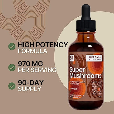 HERBANA MANUFACTURING - Super Mushrooms 8-em-1 – Extrato Líquido 120 ml – Impulsionador Cerebral