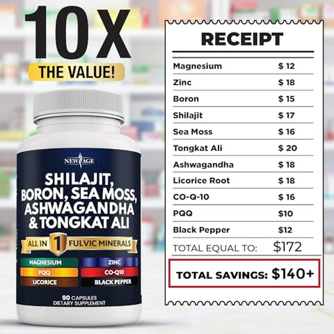 Shilajit 10,000mg com Sea Moss 6000mg, Ashwagandha 6000mg, Tongkat Ali, Boron, Magnésio – Cápsulas de Ácido Fúlvico para Homens – 180 Unidades - NEW AGE