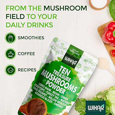 WIXAR NATURALS - Wixar Pó de Cogumelo – Mistura de Extrato de Dez Tesouros de Cogumelos para Café