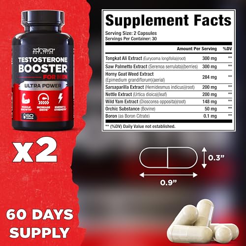 ZDRAVO NUTRITION - Suplemento de Testosterona para Homens – Aumento Muscular, Libido e Energia – Pílulas Potencializadoras Masculinas – Treino
