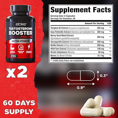 ZDRAVO NUTRITION - Suplemento de Testosterona para Homens – Aumento Muscular, Libido e Energia – Pílulas Potencializadoras Masculinas – Treino