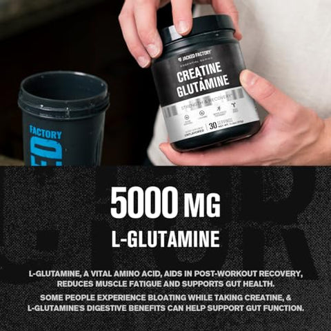 Jacked Factory - Creatina Glutamina – Suplemento de Creatina com L-Glutamina para Recuperação Muscular, Crescimento Muscular, Aumento de Força, Energia Aumentada e Saúde Intestinal – 30 Porções, Sem Sabor