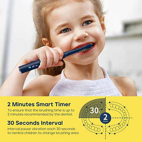 Escova de Dentes Elétrica SEAGO Kids, Cerdas Macias Sônicas Recarregáveis com Adesivos Personalizáveis, 5 Modos, Inclui 4 Cabeças de Escova Substituíveis, Idade de 3 a 12 Anos (Azul Marinho)
