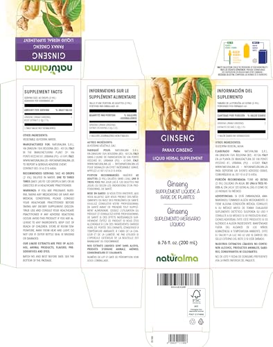 Ginseng (Panax Ginseng) Tintura sem álcool de raiz – 200 ml Extrato líquido em gotas – Suplemento herbal – Vegano - Naturalma